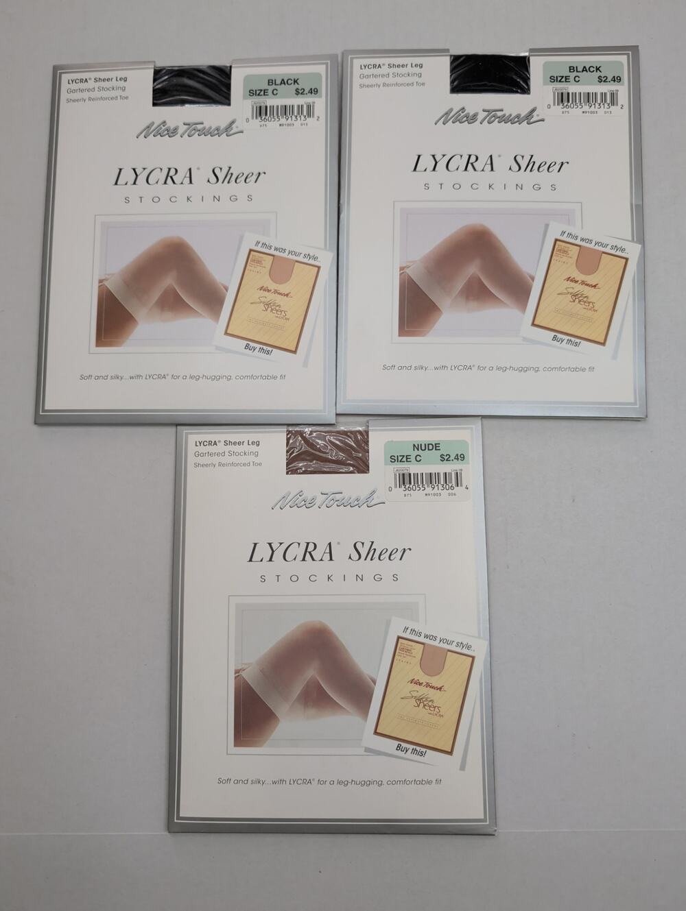 3 VTG Sears Nice Touch Sheer Gartered Stockings Size C Black (2) Nude (1) Thigh